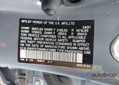 2021 Honda Civic Sport Touring z USA, uszkodzony, nr VIN SHHFK7H94MU419880